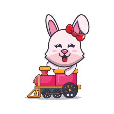 Tren karikatür çizimi üzerinde sevimli tavşan yolculuğu. Poster, broşür, ağ, maskot, etiket, logo ve simge için uygun vektör çizgi film ilüstrasyonu.