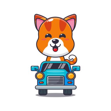 Arabadaki sevimli kedi maskotu çizgi film karakteri. Poster, broşür, ağ, maskot, çıkartma, logo ve simge için uygun vektör çizgi film.