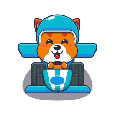 Şirin kedi maskotu çizgi film karakteri yarış arabası sürüyor. Poster, broşür, ağ, maskot, çıkartma, logo ve simge için uygun vektör çizgi film.