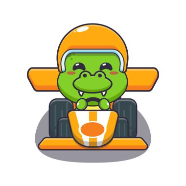 Şirin dino maskot çizgi film karakteri yarış arabası sürüyormuş. Poster, broşür, ağ, maskot, çıkartma, logo ve simge için uygun vektör çizgi film.