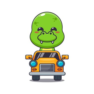 Arabadaki sevimli dino maskot çizgi film karakteri. Poster, broşür, ağ, maskot, çıkartma, logo ve simge için uygun vektör çizgi film.