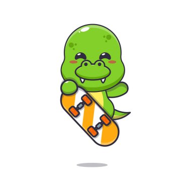 Kaykaylı sevimli dino maskot karakteri. Poster, broşür, ağ, maskot, çıkartma, logo ve simge için uygun vektör çizgi film.