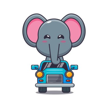 Arabadaki sevimli fil maskotu çizgi film karakteri. Poster, broşür, ağ, maskot, çıkartma, logo ve simge için uygun vektör çizgi film.