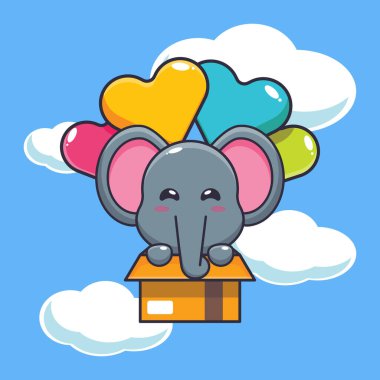 Şirin fil maskotu çizgi film karakteri balonla uçuyor. Poster, broşür, ağ, maskot, çıkartma, logo ve simge için uygun vektör çizgi film.