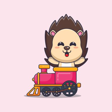 Tatlı kirpi maskotu çizgi film karakteri trende. Poster, broşür, ağ, maskot, çıkartma, logo ve simge için uygun vektör çizgi film.