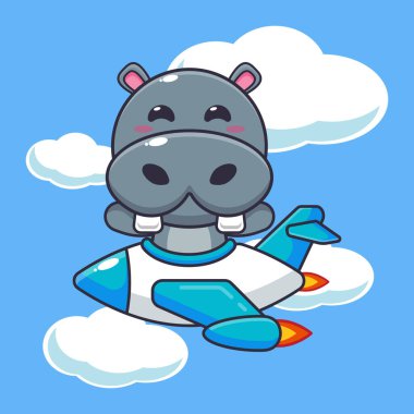 Tatlı hipopotam maskot çizgi film karakteri jete biniyor. Poster, broşür, ağ, maskot, çıkartma, logo ve simge için uygun vektör çizgi film.