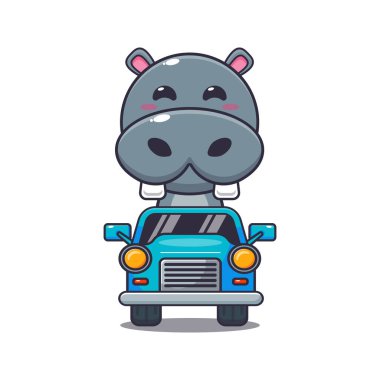 Tatlı hipopotam maskot çizgi film karakteri araba sürüyor. Poster, broşür, ağ, maskot, çıkartma, logo ve simge için uygun vektör çizgi film.