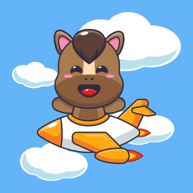 Uçak jetindeki şirin at maskotu çizgi film karakteri. Poster, broşür, ağ, maskot, çıkartma, logo ve simge için uygun vektör çizgi film.