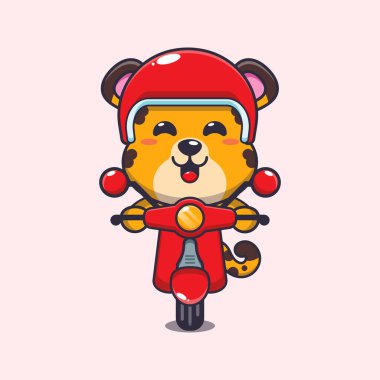 Şirin leopar maskot çizgi film karakteri scooter 'a biniyor. Poster, broşür, ağ, maskot, çıkartma, logo ve simge için uygun vektör çizgi film.