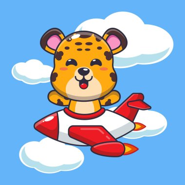 Sevimli leopar maskotu uçak jetinde karakter gezintisi. Poster, broşür, ağ, maskot, çıkartma, logo ve simge için uygun vektör çizgi film.