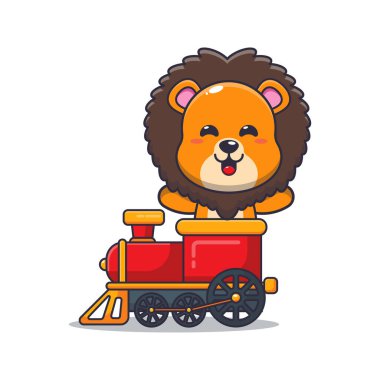 Tatlı aslan maskotu, trendeki çizgi film karakteri. Poster, broşür, ağ, maskot, çıkartma, logo ve simge için uygun vektör çizgi film.