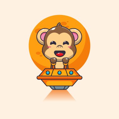 Şirin maymun maskot çizgi film karakteri UFO ile uçuyor. Poster, broşür, ağ, maskot, çıkartma, logo ve simge için uygun vektör çizgi film.