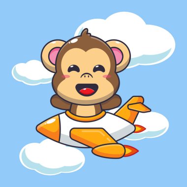 Tatlı maymun maskotu uçak jetinde karakter gezintisi. Poster, broşür, ağ, maskot, çıkartma, logo ve simge için uygun vektör çizgi film.