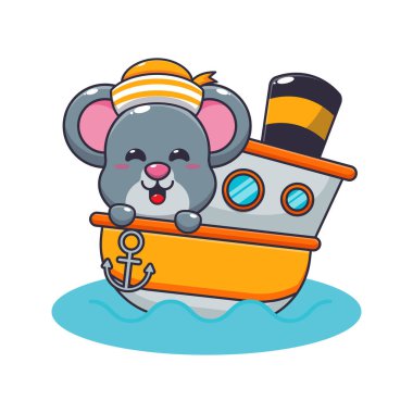 Gemideki sevimli fare maskotu karakteri. Poster, broşür, ağ, maskot, çıkartma, logo ve simge için uygun vektör çizgi film.