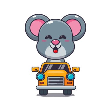 Arabadaki sevimli fare maskotu çizgi film karakteri. Poster, broşür, ağ, maskot, çıkartma, logo ve simge için uygun vektör çizgi film.