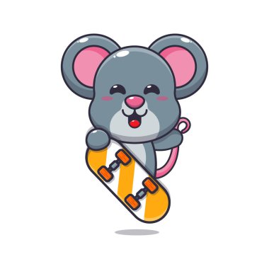 Kaykaylı şirin fare maskotu karakteri. Poster, broşür, ağ, maskot, çıkartma, logo ve simge için uygun vektör çizgi film.