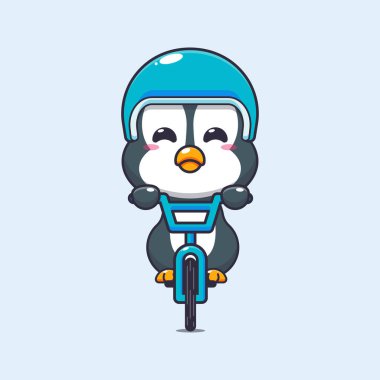 Şirin penguen maskotu, bisikletli çizgi film karakteri. Poster, broşür, ağ, maskot, çıkartma, logo ve simge için uygun vektör çizgi film.