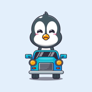 Arabadaki sevimli penguen maskotu çizgi film karakteri. Poster, broşür, ağ, maskot, çıkartma, logo ve simge için uygun vektör çizgi film.