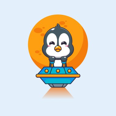 Şirin penguen maskot karakteri UFO ile uçuyor. Poster, broşür, ağ, maskot, çıkartma, logo ve simge için uygun vektör çizgi film.
