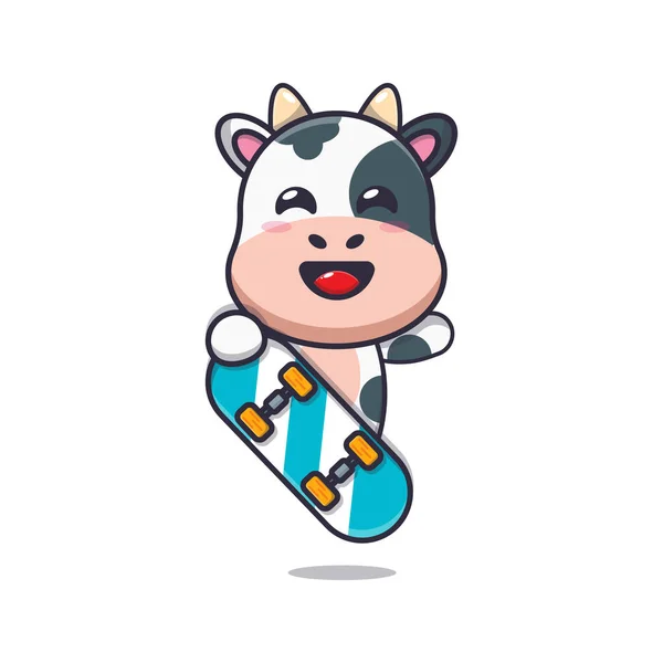 Bonito Mascote Vaca Personagem Desenho Animado Com Skate Desenho Animado — Vetor de Stock