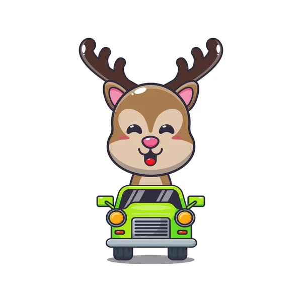 Carino Cervo Mascotte Personaggio Dei Cartoni Animati Cavalcare Auto Illustrazione — Vettoriale Stock