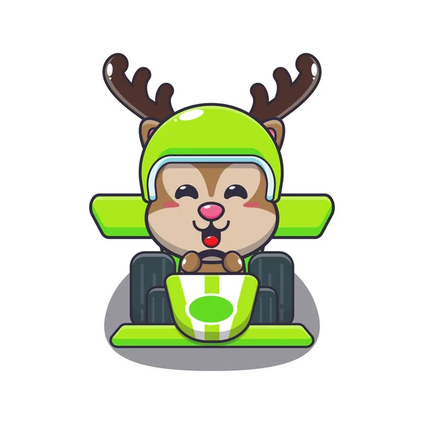 Bonito Mascote Veado Personagem Desenho Animado Montando Carro Corrida Desenho —  Vetores de Stock