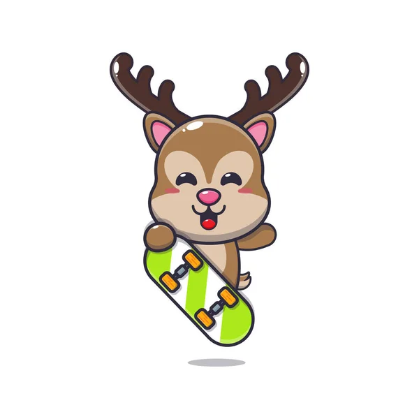 Mascotte Cerf Mignon Personnage Dessin Animé Avec Skateboard Illustration Vectorielle — Image vectorielle