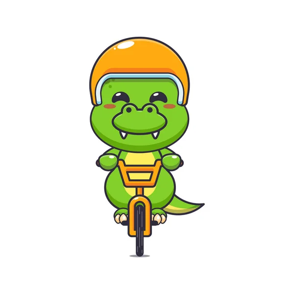 Şirin dino maskot çizgi film karakteri bisiklete biniyor. Poster, broşür, ağ, maskot, çıkartma, logo ve simge için uygun vektör çizgi film.