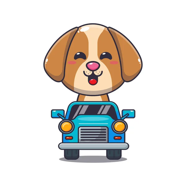 Arabadaki Sevimli Köpek Maskotu Karakteri Poster Broşür Maskot Çıkartma Logo — Stok Vektör