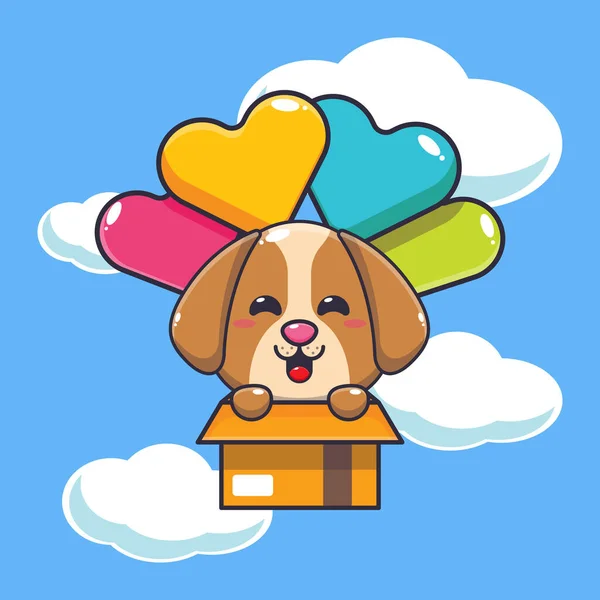 Niedliche Hund Maskottchen Cartoon Figur Fliegen Mit Ballon Vector Cartoon — Stockvektor