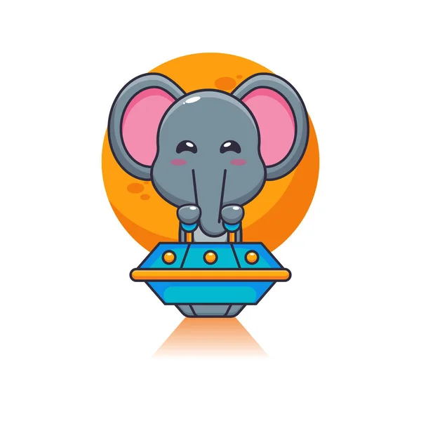 かわいい象のマスコットキャラクターはUfoと飛ぶ ベクトル漫画ポスター パンフレット ウェブ マスコット ステッカー アイコンに適したイラスト — ストックベクタ