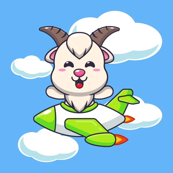 飛行機のジェットでかわいいヤギのマスコット漫画のキャラクターに乗る ベクトル漫画ポスター パンフレット ウェブ マスコット ステッカー アイコンに適したイラスト — ストックベクタ