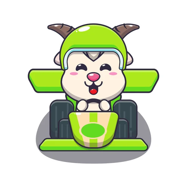 Bonito Mascote Cabra Personagem Desenho Animado Equitação Carro Corrida Desenho — Vetor de Stock