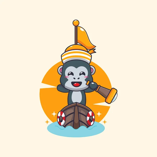 Cute Gorilla Mascot Cartoon Character Boat Vector Cartoon Illustration Suitable — Stock Vector