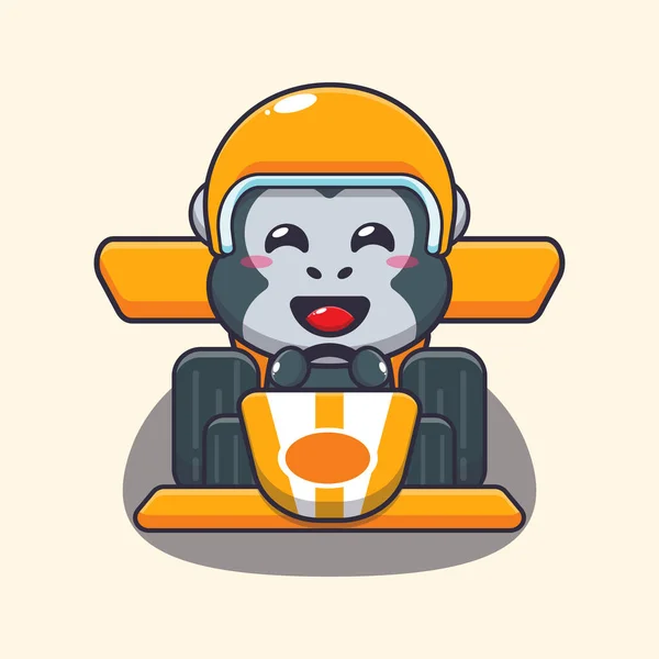 Bonito Gorila Mascote Desenho Animado Personagem Equitação Carro Corrida Desenho — Vetor de Stock