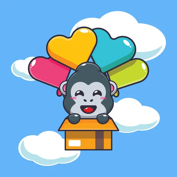 可爱的大猩猩吉祥物卡通人物带着气球飞翔 适用于海报 小册子 吉祥物 标志及图标的矢量漫画图解 — 图库矢量图片