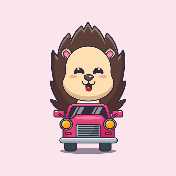 Cute Hedgehog Mascot Cartoon Character Ride Car Vector Cartoon Illustration — Stock Vector