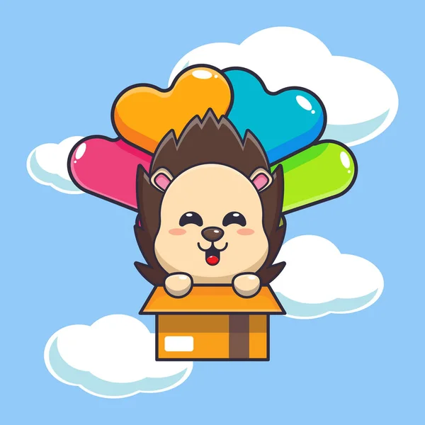 Şirin kirpi maskotu çizgi film karakteri balonla uçuyor. Poster, broşür, ağ, maskot, çıkartma, logo ve simge için uygun vektör çizgi film.