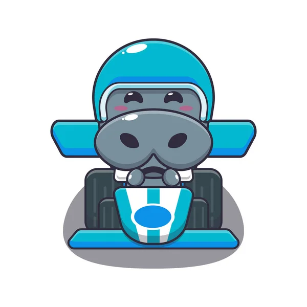 Carino Ippopotamo Mascotte Personaggio Dei Cartoni Animati Equitazione Auto Corsa — Vettoriale Stock