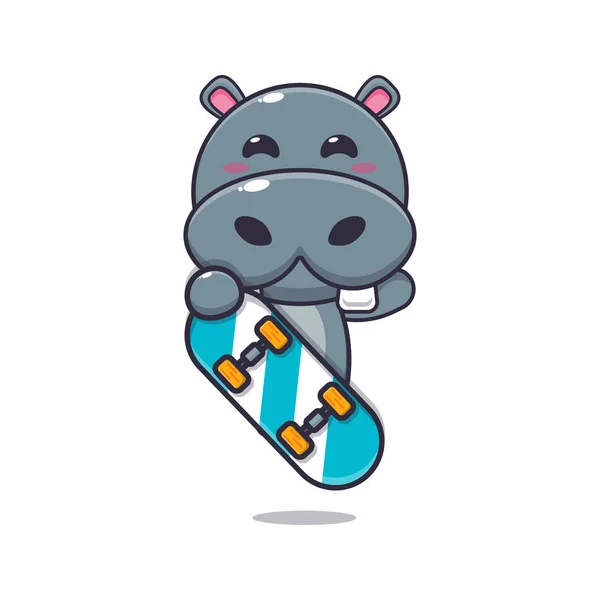 Bonito Hipopótamo Mascote Personagem Desenho Animado Com Skate Desenho Animado — Vetor de Stock