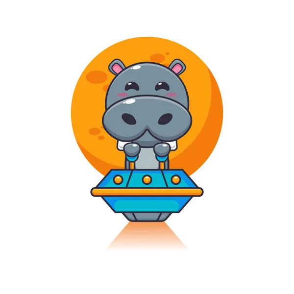 Mignon Hippopotame Mascotte Personnage Dessin Animé Voler Avec Ufo Illustration — Image vectorielle