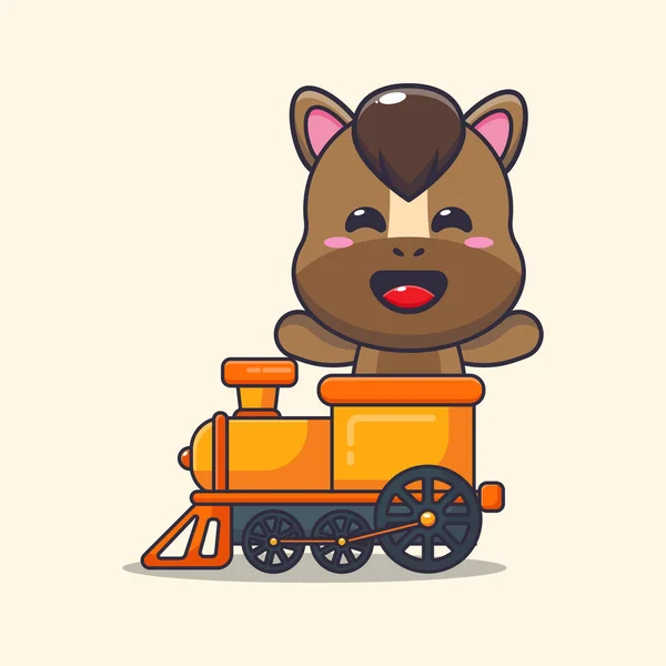 Cute Horse Mascot Cartoon Character Ride Train Vector Cartoon Illustration — Stock Vector