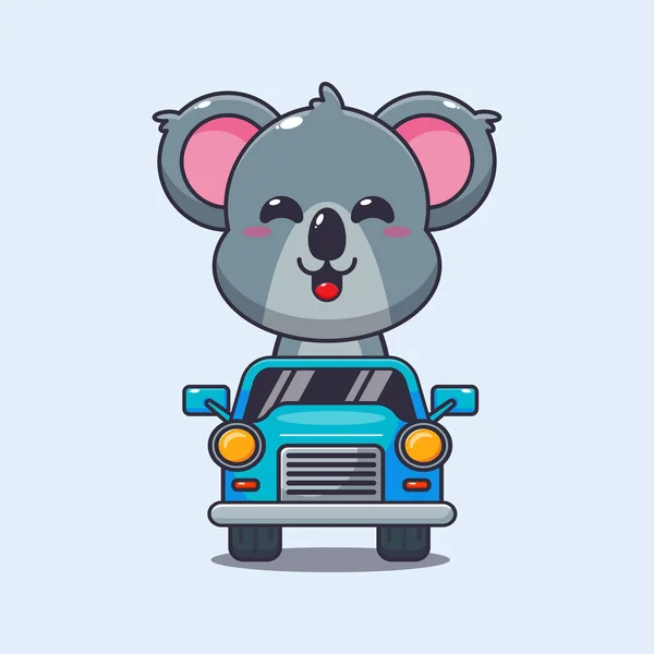 Niedliche Koala Maskottchen Cartoon Figur Fahrt Auf Dem Auto Vector — Stockvektor