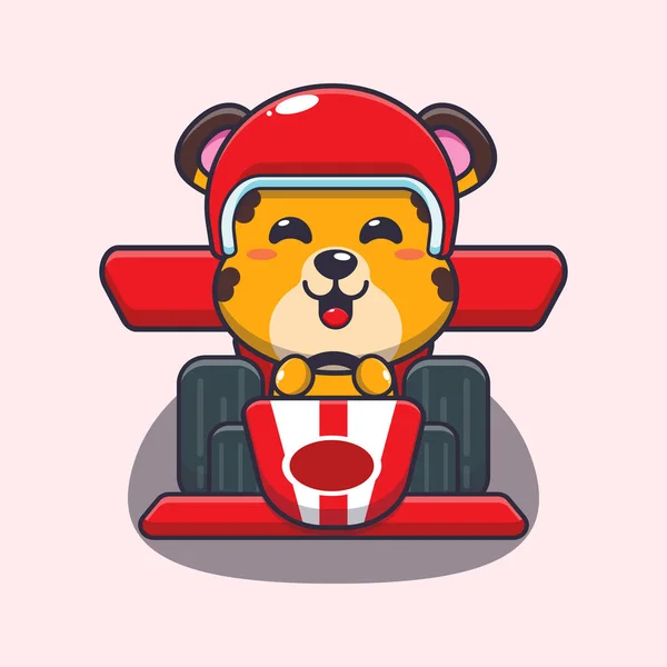 Cute Leopard Mascot Cartoon Character Riding Race Car Vector Cartoon — Stock Vector