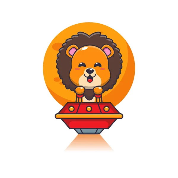 Cute Lion Mascot Cartoon Character Fly Ufo Vector Cartoon Illustration — Stock Vector