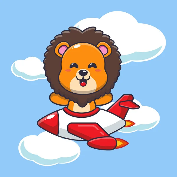 飛行機のジェットでかわいいライオンマスコット漫画のキャラクターに乗る ベクトル漫画ポスター パンフレット ウェブ マスコット ステッカー アイコンに適したイラスト — ストックベクタ