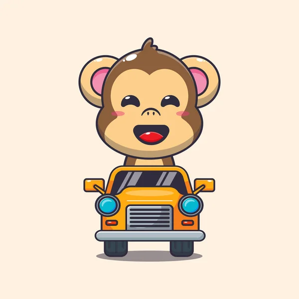 Cute Macaco Mascote Desenho Animado Passeio Personagem Carro Desenho Animado — Vetor de Stock