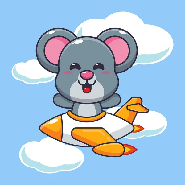 飛行機のジェットでかわいいマウスマスコット漫画のキャラクターに乗る ベクトル漫画ポスター パンフレット ウェブ マスコット ステッカー アイコンに適したイラスト — ストックベクタ