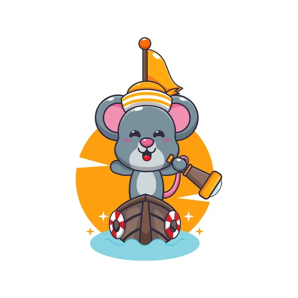 Cute Mouse Mascot Cartoon Character Boat Vector Cartoon Illustration Suitable — Stock Vector
