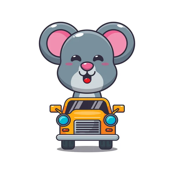可爱的老鼠吉祥物卡通人物骑在车上 适用于海报 小册子 吉祥物 标志及图标的矢量漫画图解 — 图库矢量图片